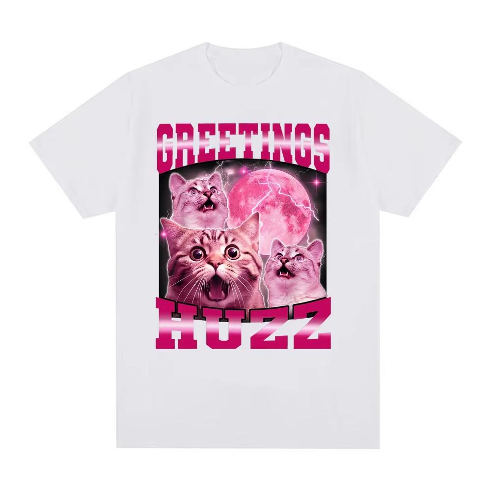 Greetings Huzz Funny Cat Gen Z Gen Alpha Slang Meme T Shirt Fashion Retro Short Sleeve T-shirts Men Women Casual Cotton T-shirts
