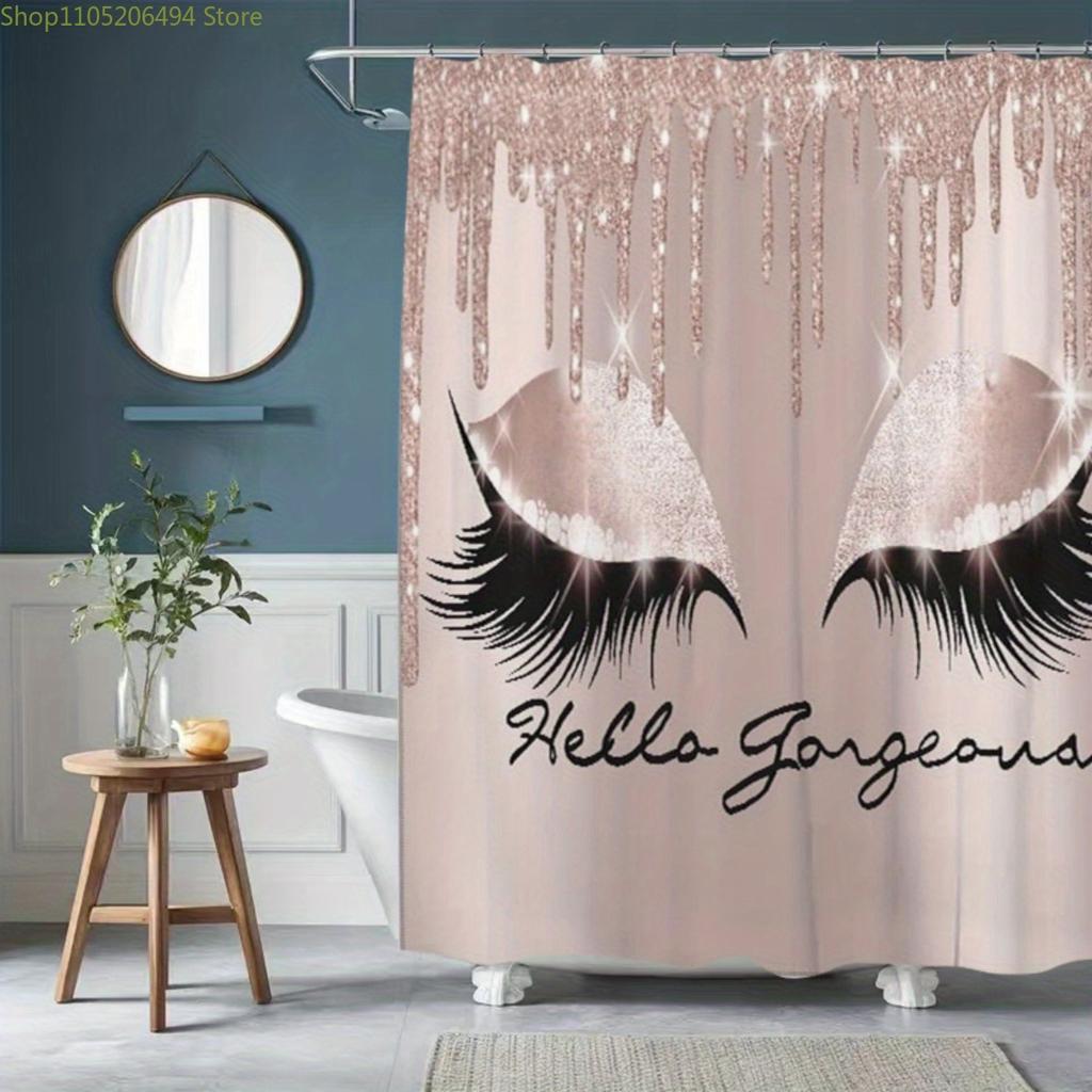 Элегантная шторка для душа с принтом ресниц и блестками "Hello Gorgeous" - Высококачественный полиэстер, Установка без сверления, Машинная стирка