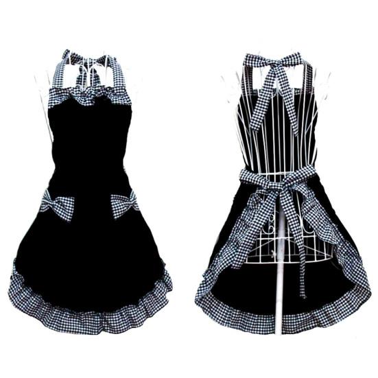 Women Cute Bowknot Decor Pocket Apron Plaid Print Splicing Adjustable Lace-up Kitchen Flirty Apron Mother Day Gift