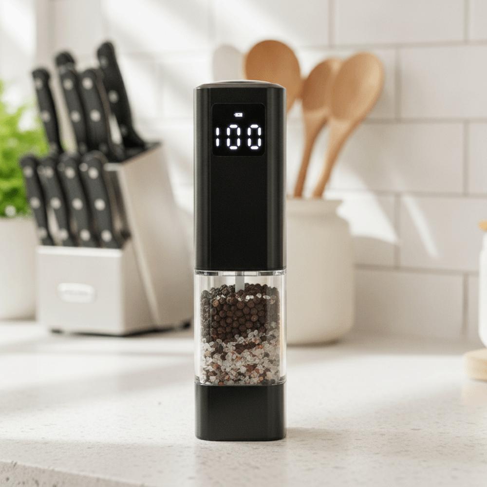 LED Display Electric Salt and Pepper Grinder Adjustable Particle Coarseness Spice Mill Restaurant