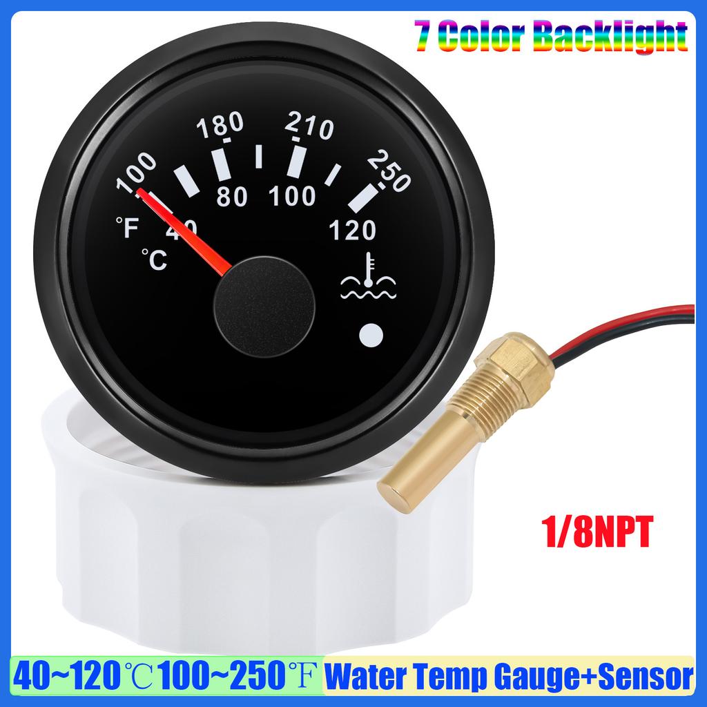 Car 7 Color LED 52mm Water Temp Gauge with Alarm 40~120℃,100~250℉ Water Temperature Meter+Sensor 1/8NPT,M14X1.5,M16X1.5,3/8NPT