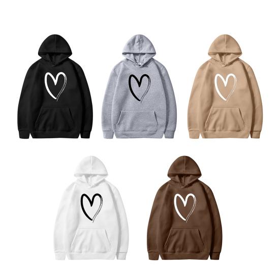 Женские толстовки с принтом сердец, осенние, с длинным рукавом, пуловер на шнурке, оверсайз, флисовая подкладка, с карманом