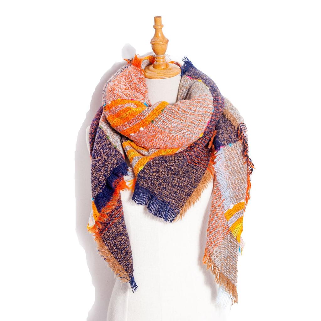 Осенне-зимний шарф с кисточками, женский клетчатый теплый треугольный платок