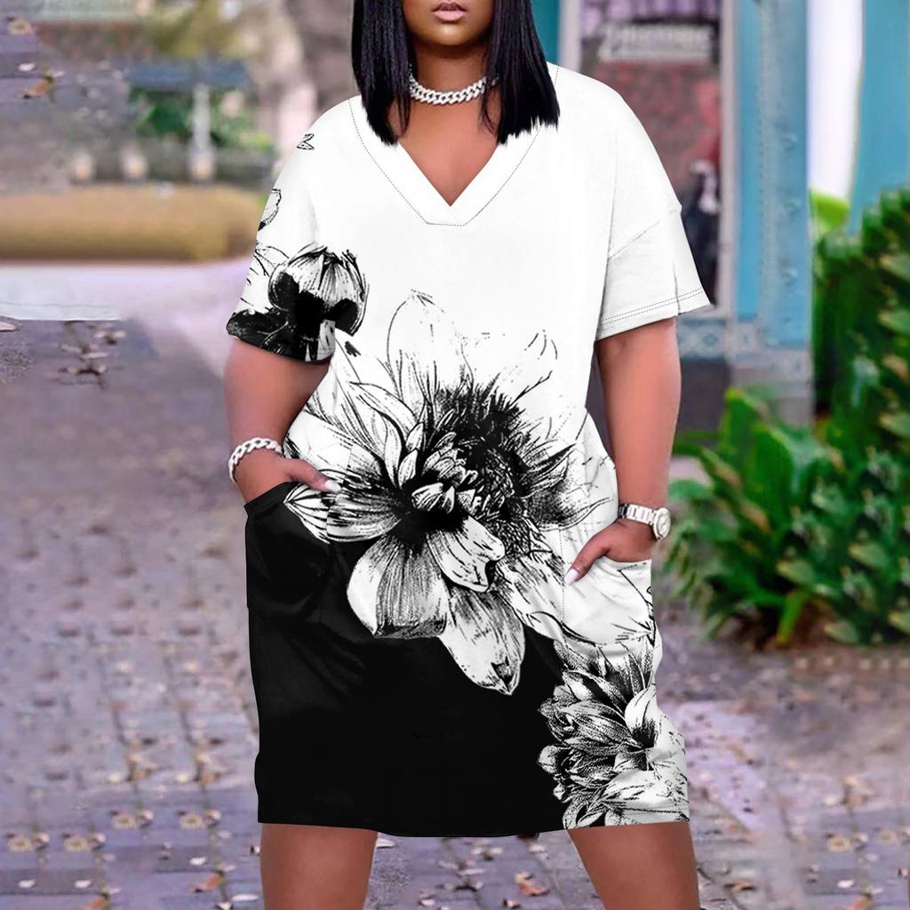 Большое платье, женское летнее платье с v-образным вырезом, платье с короткими рукавами и принтом, с карманами