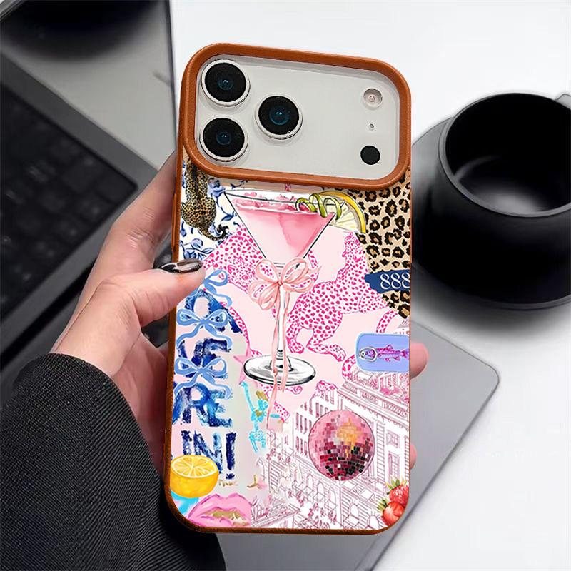 For iPhone 17 Pro Max Case Luxury Pink Goblet Bowknots Disco Ball Pattern Leather Texture Silicone Cover For iPhone 16 Pro Max 15 14 13 12 11 16E Air