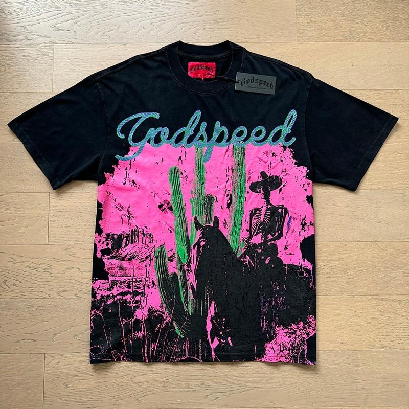 25 New Godspeed Skeleton Cowboy Riding Print T-Shirt Washed Men's T-Shirt