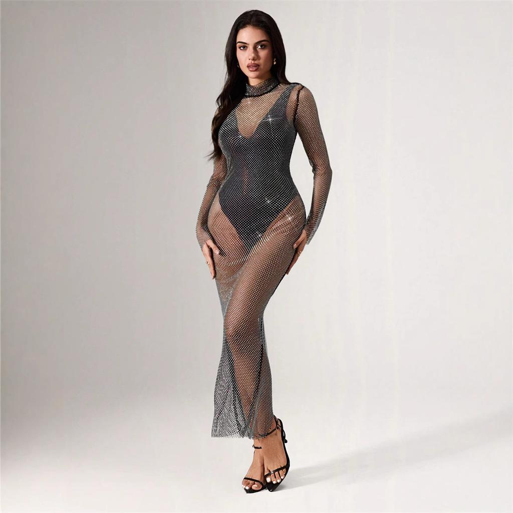 Модное сексуальное горячее платье с длинным рукавом из эластичной сетки с бриллиантами и стразами