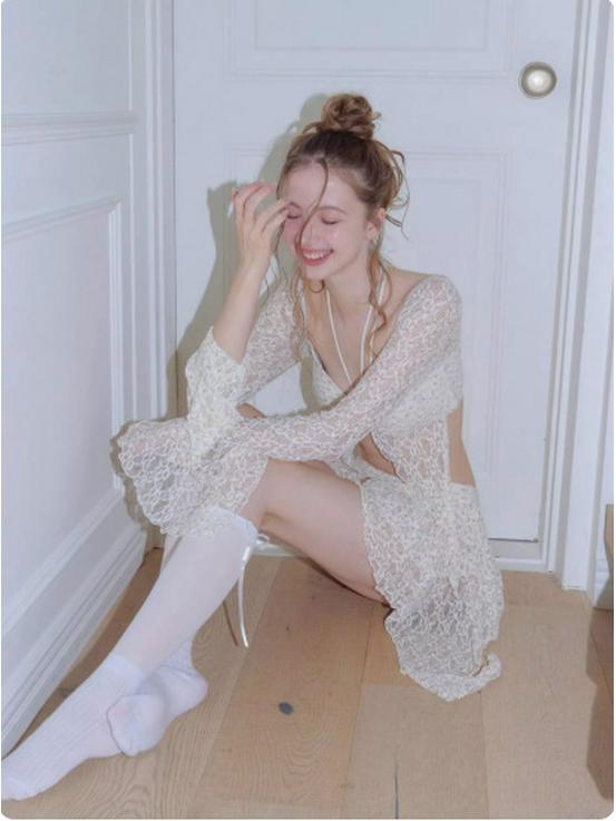 Французский Ретро Кружевной Халтер Раздельный Купальник - Сказочный Стиль Милый Бикини с Длинными Рукавами