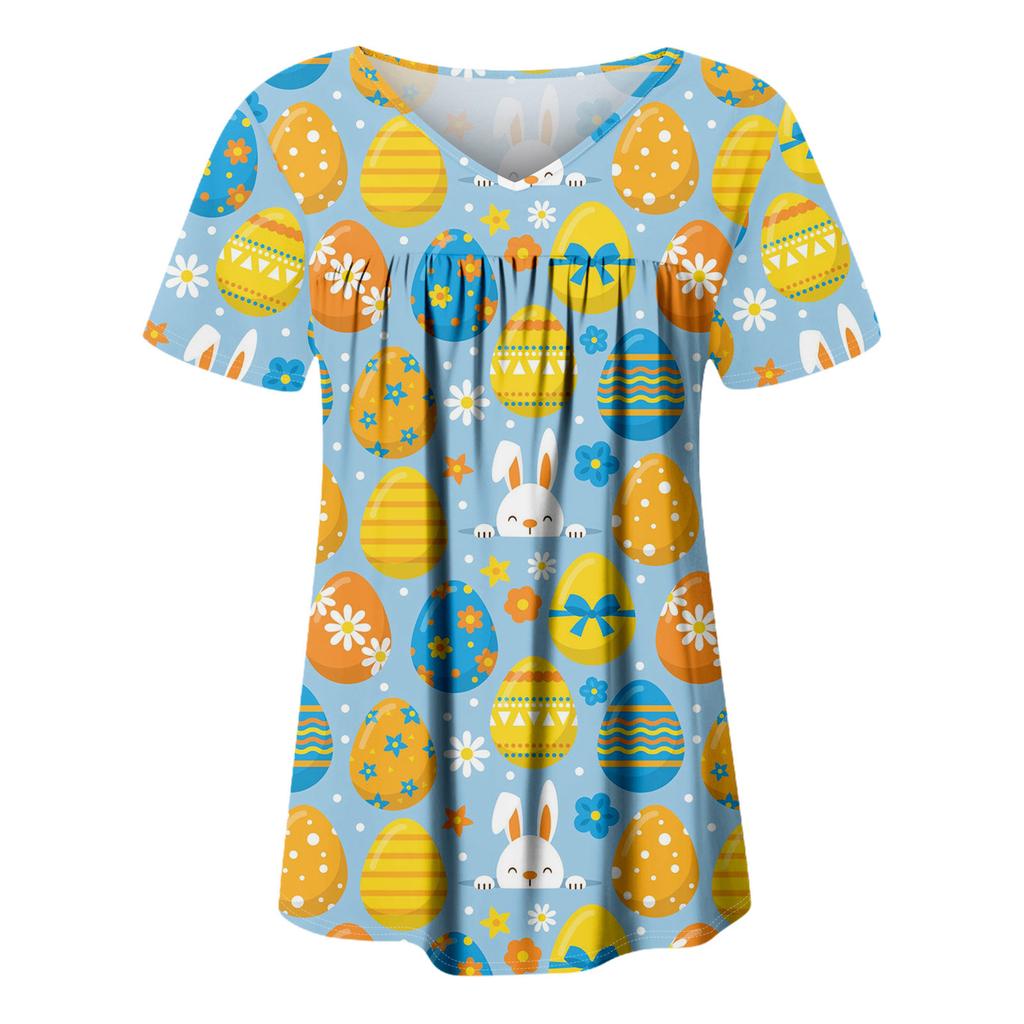 Ladies' Casual V-neck Short Sleeved Shirt With Pleated Easter Print On The Chest