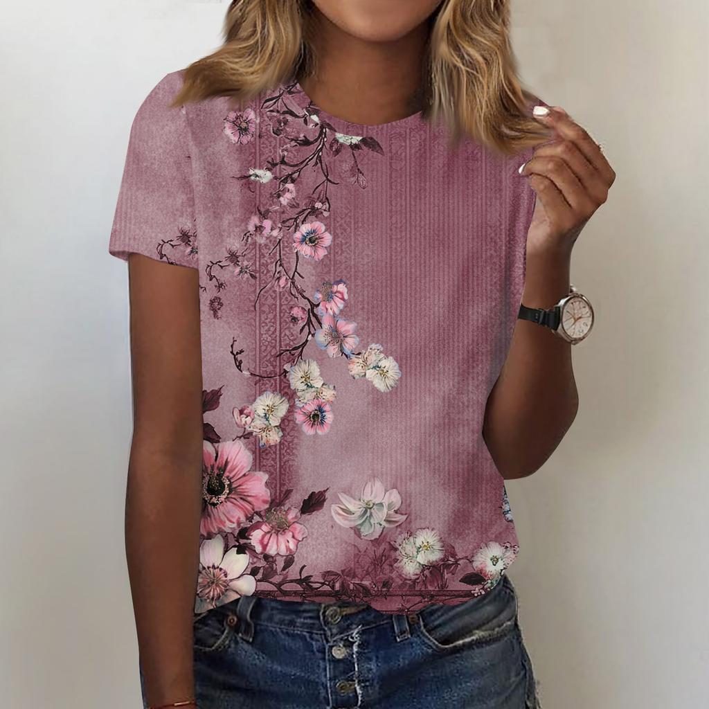Women's Fashion Casual Printed Round Neck Short Sleeved T-Shirt Top T-Shirt Top Top