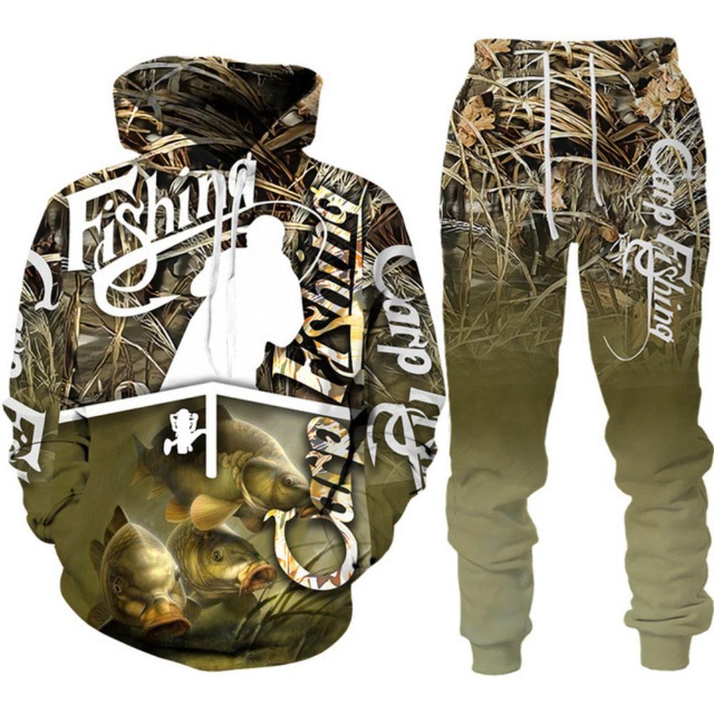 Mens Animal Bass Carp Fishing 3D Print Fashion Fisher Tracksuit Unisex Hoodie Jogging Pants 2Pcs Set Outdoor Clothing Size S-6XL