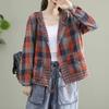 Hooded Plaid Cotton and Linen Shirt Large Size Literary and Retro Casual Cardigan Top