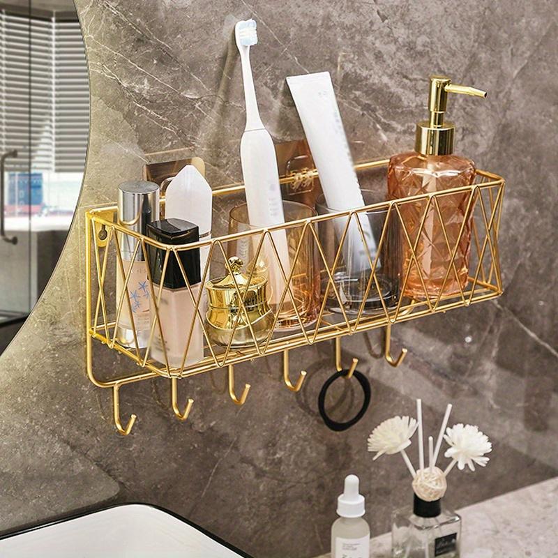 1pc Golden Luxury Bathroom Shelf Without punching,Shower Skin Care Products Wall Organizer Storage Rack with Hook,Kitchen Wall Mounted Storage Rack.