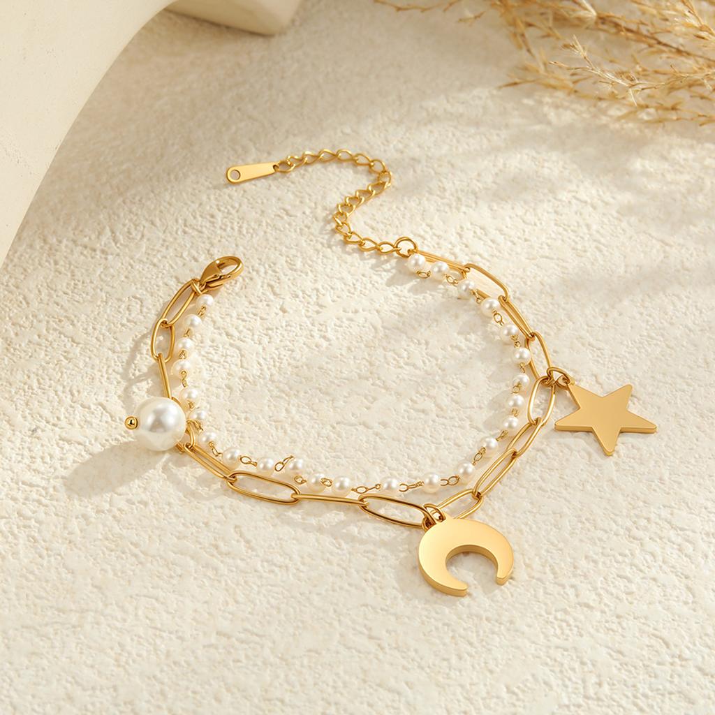 GEMCHIC Women's Double Layer Titanium Steel Bracelet with Star Moon Pendant and Faux Pearl