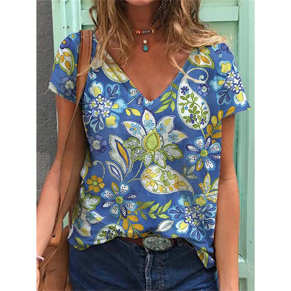 Футболки в этническом стиле с цветочным принтом 3D, женские футболки с V-образным вырезом и коротким рукавом, уличная одежда, топ Y2k, футболка Harajuku большого размера, женская одежда
