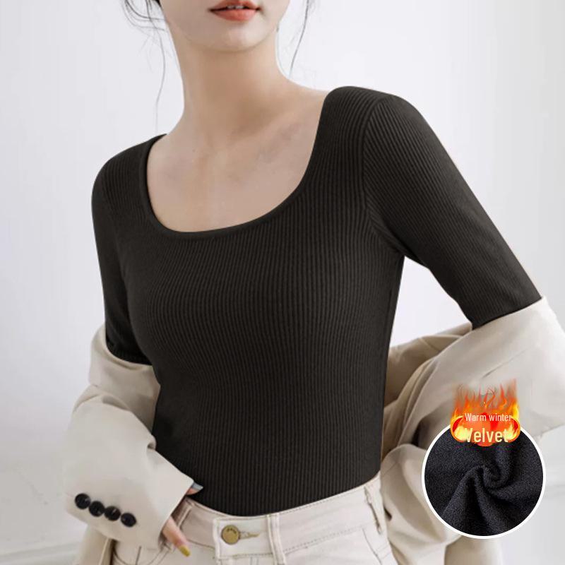 "Женский вязаный свитер с квадратным вырезом": Длинный рукав, плюс бархат, однотонный, на осень и зиму.