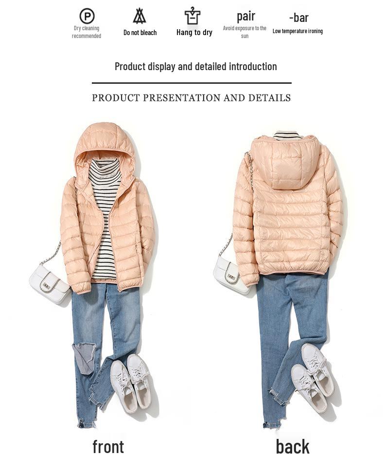 2023 Women's Lightweight Hooded Down Jacket - Slim Fit, Plus Sizes, Autumn/Winter, White Duck Down.