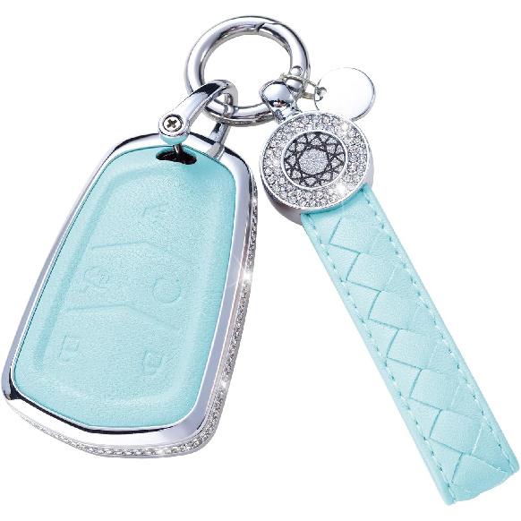 for Volvo Key Fob Cover with Keychain, Blue Leather Rhinestone Key Case Protection Shell Compatible with XC90, XC60, XC40, S60, S90, V60, V90,