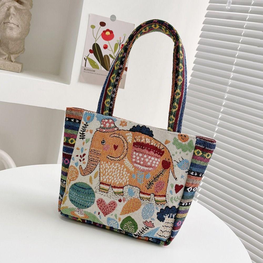Peacock Canvas Tote Bag Embroidery Elephant Handbag Simple Ethnic Style Handbag Grocery Handbags