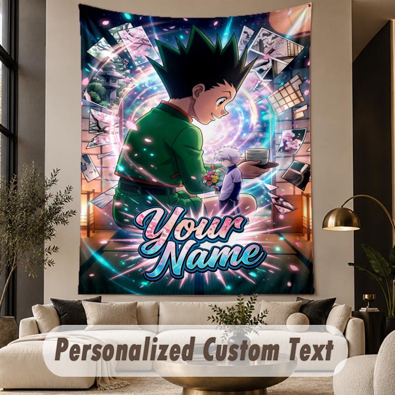 Custom Text Printed Tapestry Hunter × Hunter Pattern Large Wall Hanging Indoor Room Decor