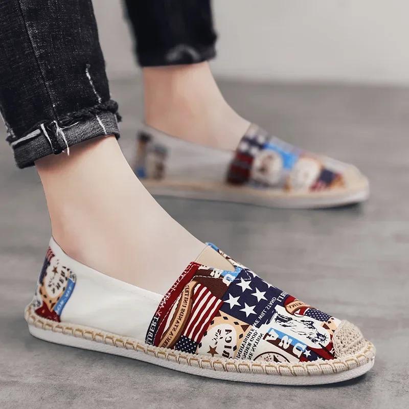 Men Canvas Shoes Breathable Men's Casual Shoes Slip-On Hemp Shoes Graffiti Espadrilles Women Footwear Flats