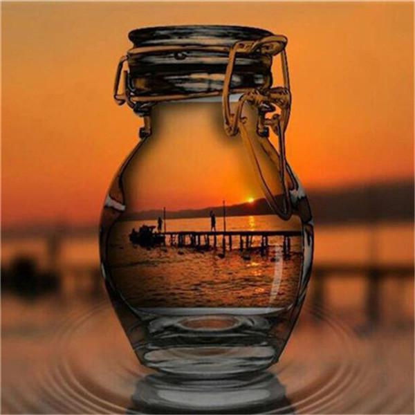 5D Алмазная картина Полная круглая бутылка Фотографии Стразы Алмазная вышивка Пейзаж Закат Мозаика Ремесленный комплект