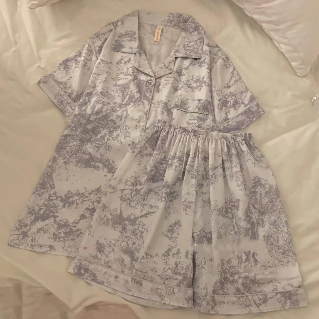 Женский летний комплект из шорт из искусственного шелка, повседневный женский топ с коротким рукавом и шорты, домашняя одежда, пижамный комплект с цветочным принтом и искусственными пятнами