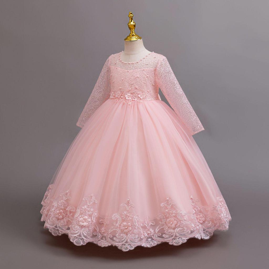 Новое элегантное платье с длинным рукавом для девочек, свадебные платья для девочек-цветочниц, кружевная официальная белая одежда от 4 до 12 лет