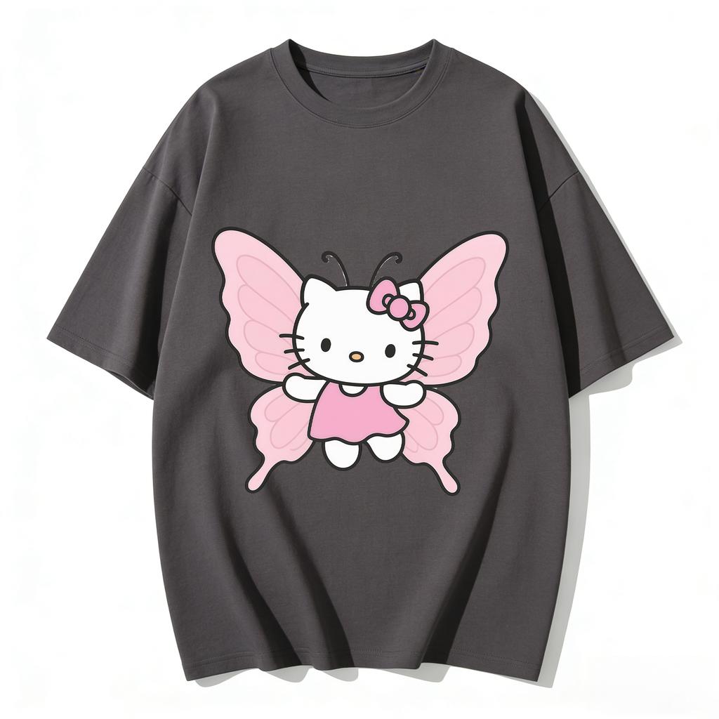 2026 New Arrival Kawaii Hello Kitty Butterfly Print Couple T Shirts Casual Loose Family Matching Outfits Parentchild Tees Tops