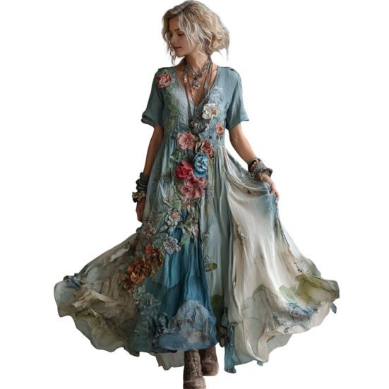 Женское длинное платье с цветочным принтом, короткий рукав, V-образный вырез, расклешенное платье, бохо, струящееся, А-силуэта, повседневное, для выпускного, вечеринки, на свадьбу