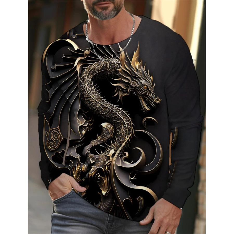 Футболки с рисунком дракона весна-осень, круглый вырез, длинный рукав, мужская спортивная одежда больших размеров, винтажная футболка с 3D-принтом больших размеров
