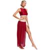 Women's Lyrical Dance Costume S-XL: Mock Neck Sleeveless Keyhole Back Rhinestone Crop Top & Side Split Flowy Mesh Skirt for Performance