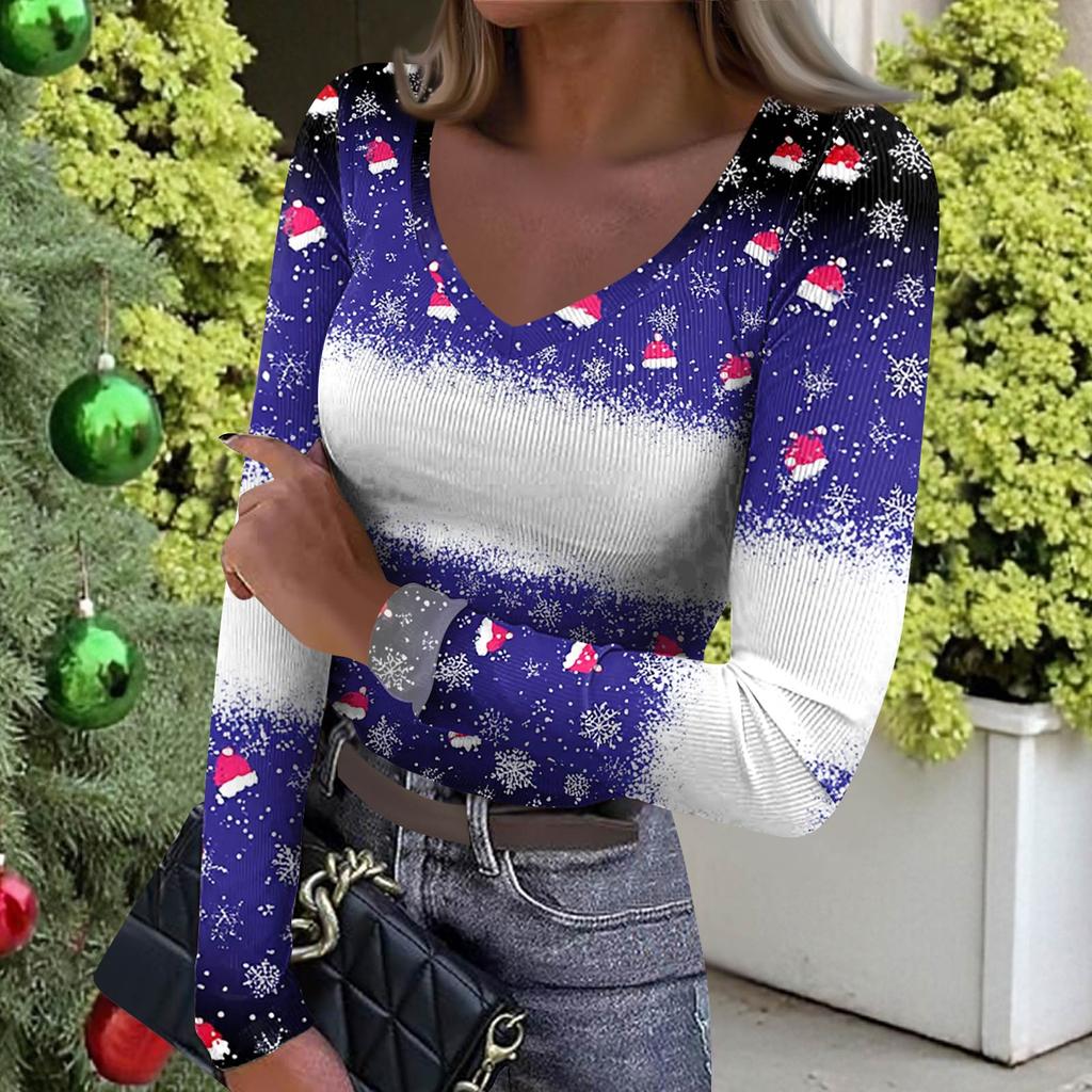 Women's Winter Slim-Fit Base Layer T-Shirt Fashionable Christmas Print V-Neck Pullover Long-Sleeved Top
