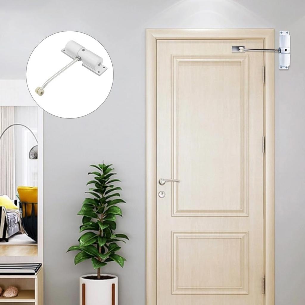 Automatic Door Closer, Zinc Alloy Safety Spring, Adjustable 30 kg, Easy Install, White