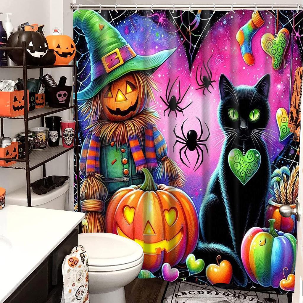 Halloween Cats Pattern Bathroom Shower Curtain With 12  Hooks Home Bathroom Decor And Accessories