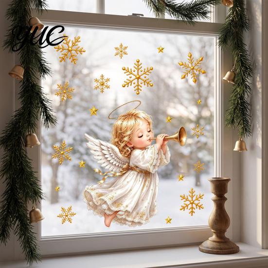 Transparent Window Stickers Christmas Angel Clings, Removable PVC Static Glass for Holiday Glue Free Film Home Decor, Reusable Electrostatic Snowflake