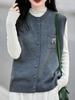 Женский шикарный серый вязаный безрукавный жилет - Круглый вырез, Свободный крой, Осенний многослойный топ