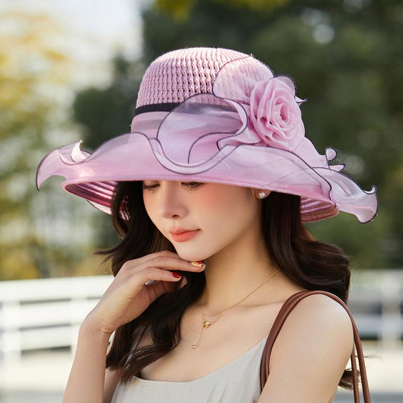 Elegant Summer Women'S Sun Hat Breathable Organdy Material Foldable Design Top Flower Organza Wide Brim Ruffled Beach Hat