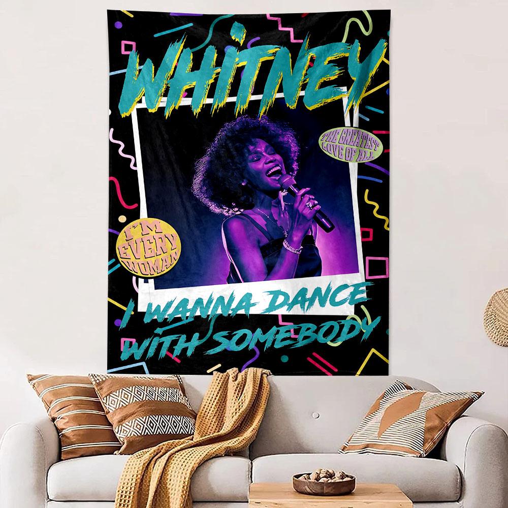 Neon retro design with colorful squiggles and a singer holding a mic. Patterned tapestry for bedroom and living room home decor