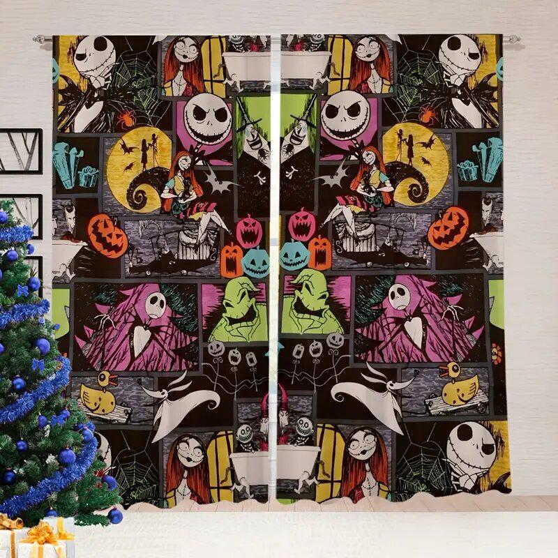 2pcs - Christmas Nightmare pattern printed curtains before Christmas, pole bag curtains, home decoration, room decoration