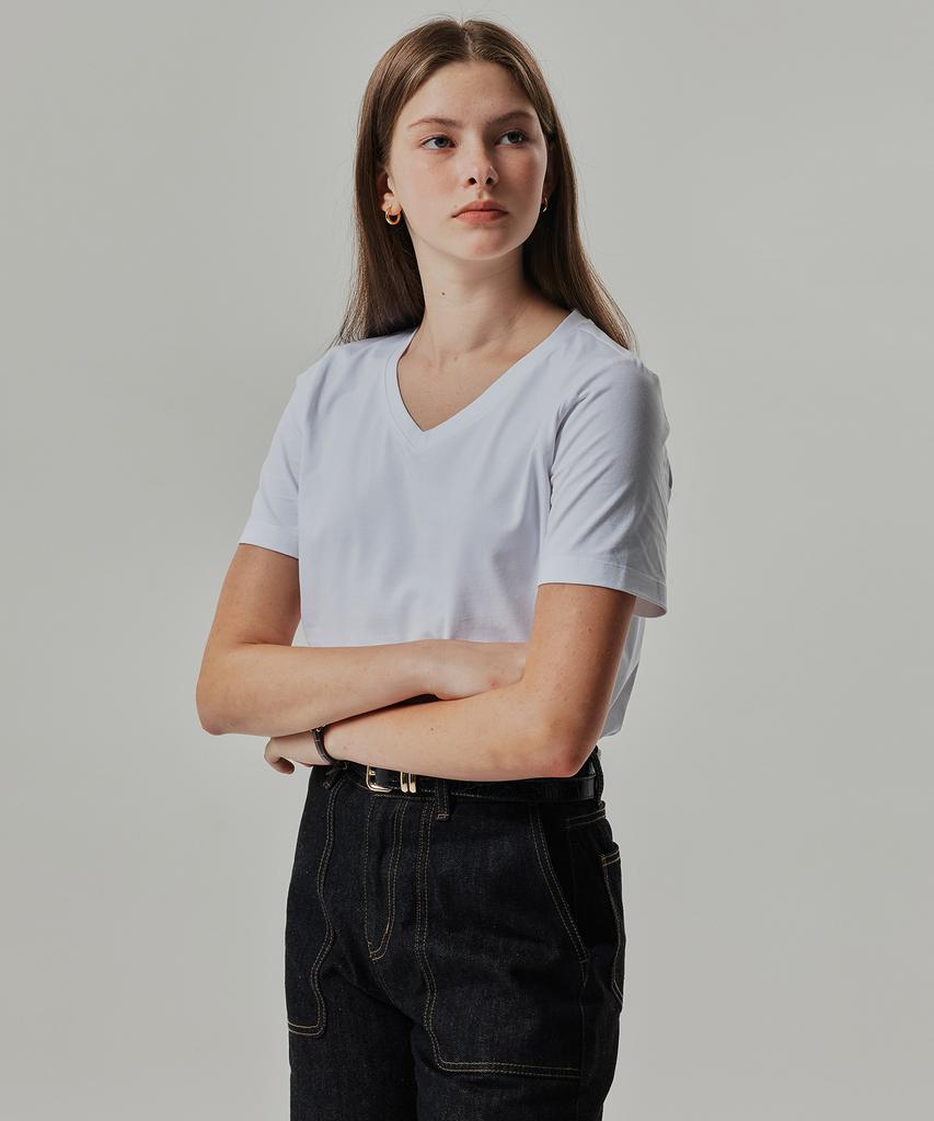 Basic House Women'S V-Neck Stretch Slim Fit Short Sleeve T-Shirt White Lats0204 (A Type)