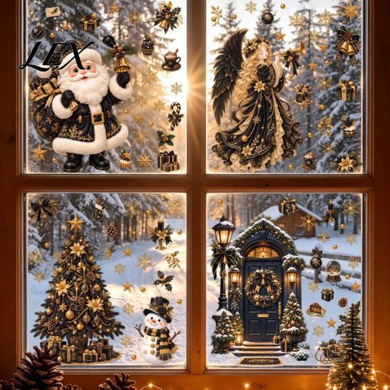 Decals Christmas Window Clings, Black Gold Santa Claus/Angel/Xmas Tree/Street Lamp DIY Holiday Art Sticker, PVC Reusable Static Double-Sided Decal for