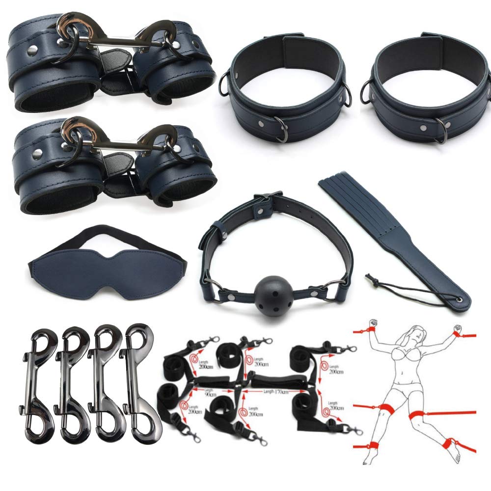 Liebe Seele SM Goods Bed Restraint 8 Piece Set Genuine Leather Queen Thigh Shackles (Navy, M)