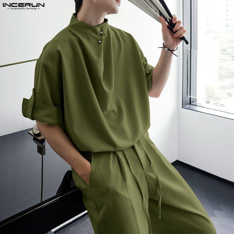 INCERUN Мужской костюм-двойка, рубашки с полурукавом и брюки с воротником-стойкой, повседневные свободные комплекты