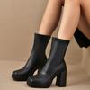 Модные женские модные ботинки Осень Зима Высокий каблук Слипоны Круглый носок Толстый каблук Низкие голенища Кожаные ботинки Удобная полиуретановая обувь