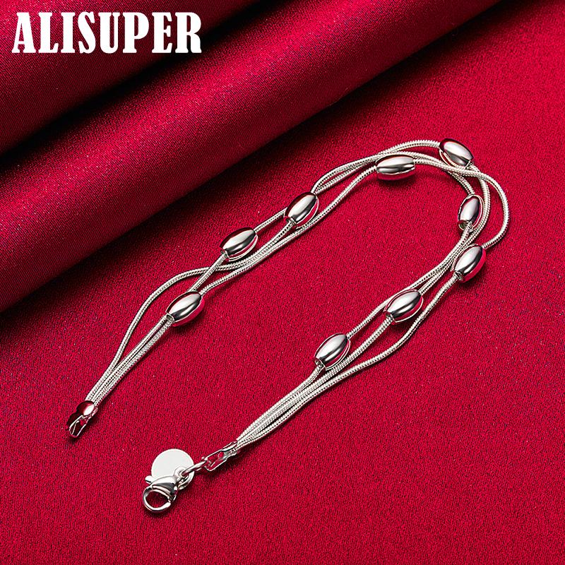 Ювелирные изделия из стерлингового серебра 925 пробы с тремя змеиными цепочками и гладкими бусинами в форме фасоли