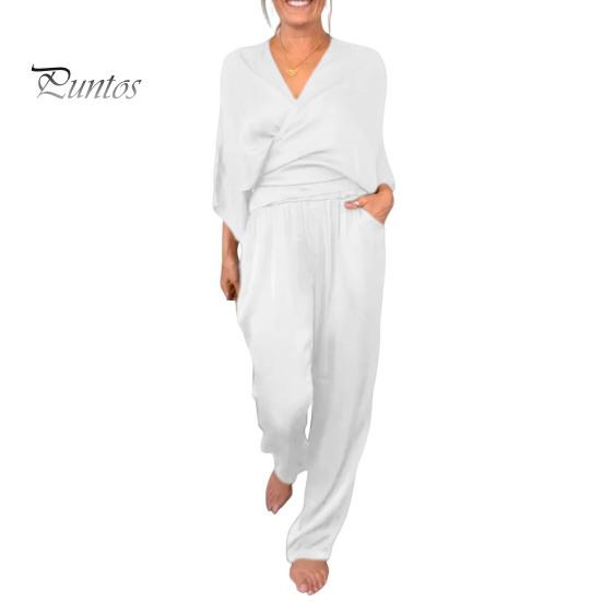 Женский комплект из 2 предметов: топ, брюки, V-образный вырез, длинные рукава, блузка с перекрещивающимися бретелями, высокая талия, плиссированные широкие брюки, формальный наряд для поездок на работу на весну и лето