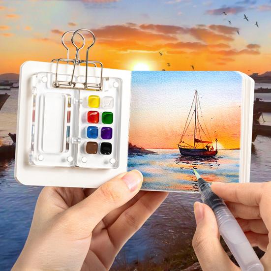 Mini Watercolor Kit Travel Watercolor Paint Set with Sketchbook Binder Clip Pen Portable Watercolor Palette with 12/24 Color Paints for Beginners