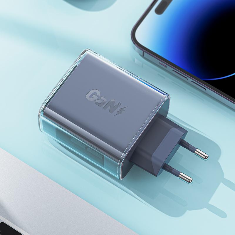 Сетевое зарядное устройство GaN 65 Вт, 3 порта: 1x USB, 2x USB-C, серое