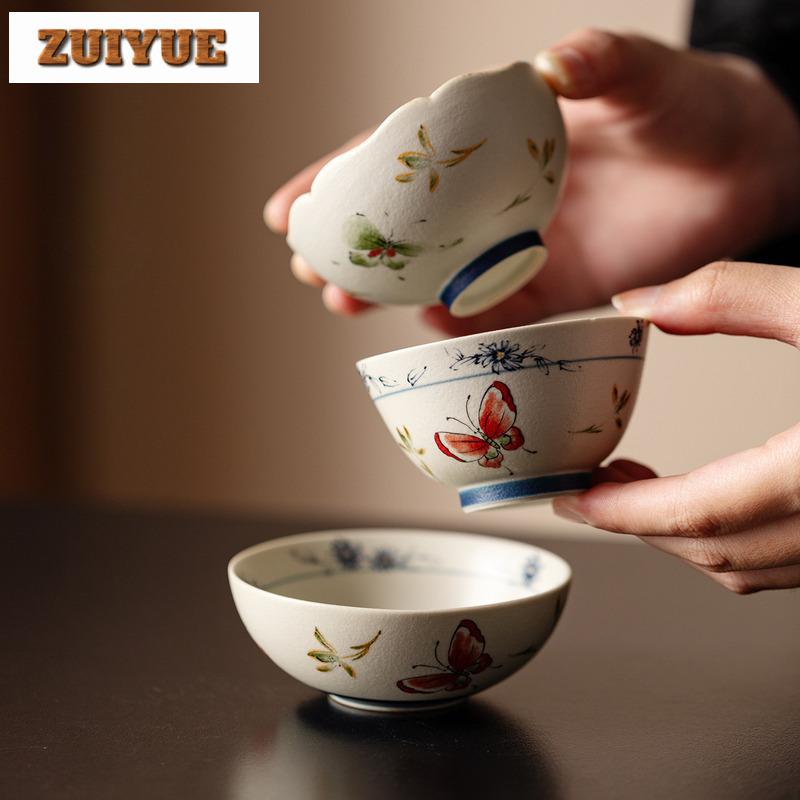 2pc/lot Hand Painted Butterflies Orchids Teacup Vintage Tea Bowl Tea Pair Tea-tasting Meditation Cup Chazhan Master Cups Teaset